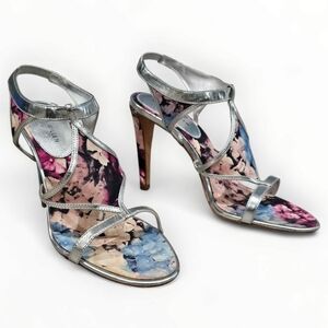KAREN MILLEN Silver Metallic Floral Print Open Toe Heels Sandals 39/8.5M